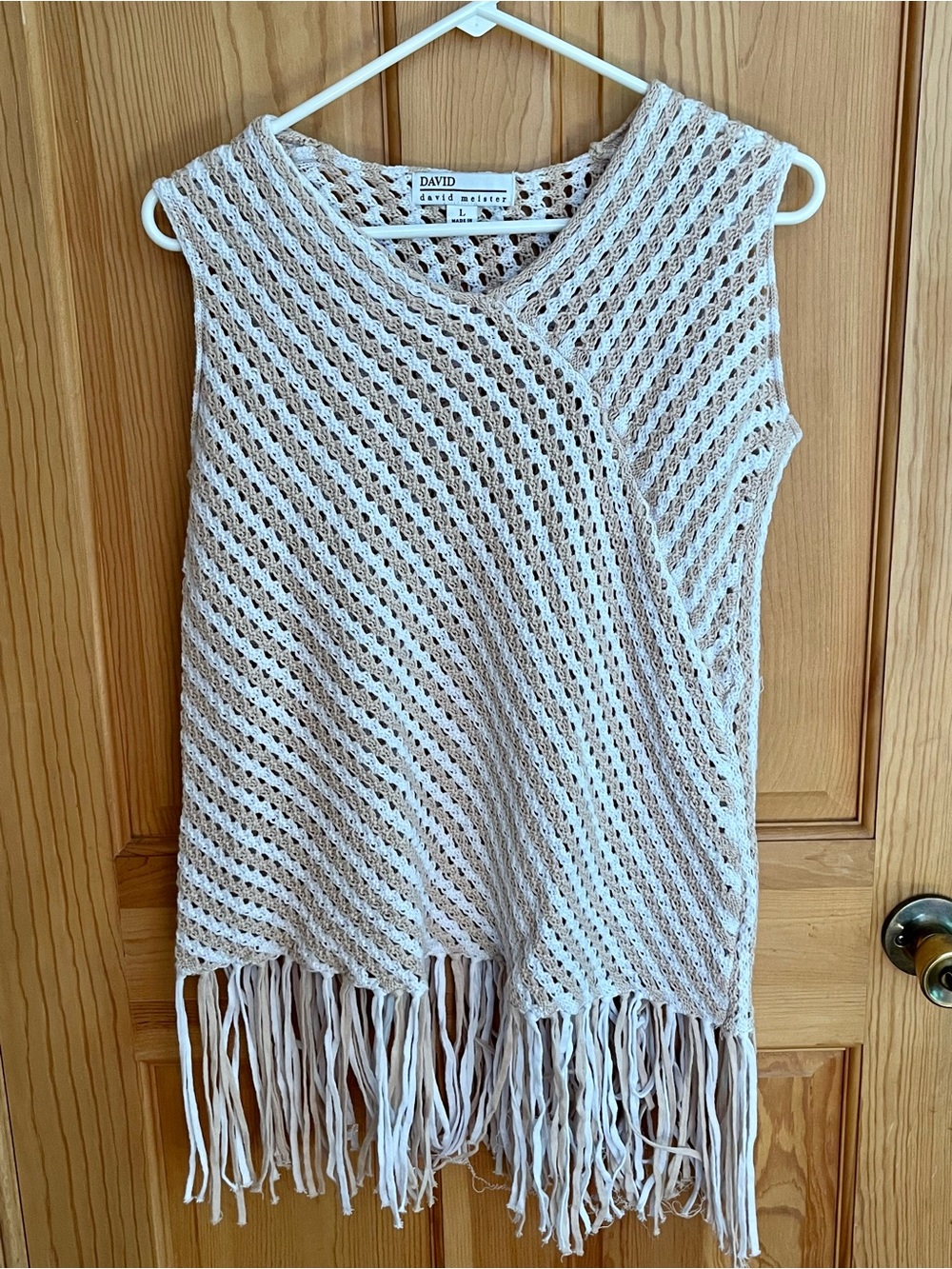 David Meister Boho 100% Cotton Crochet Fringe Tunic Tank Top Cream Tan SZ Large